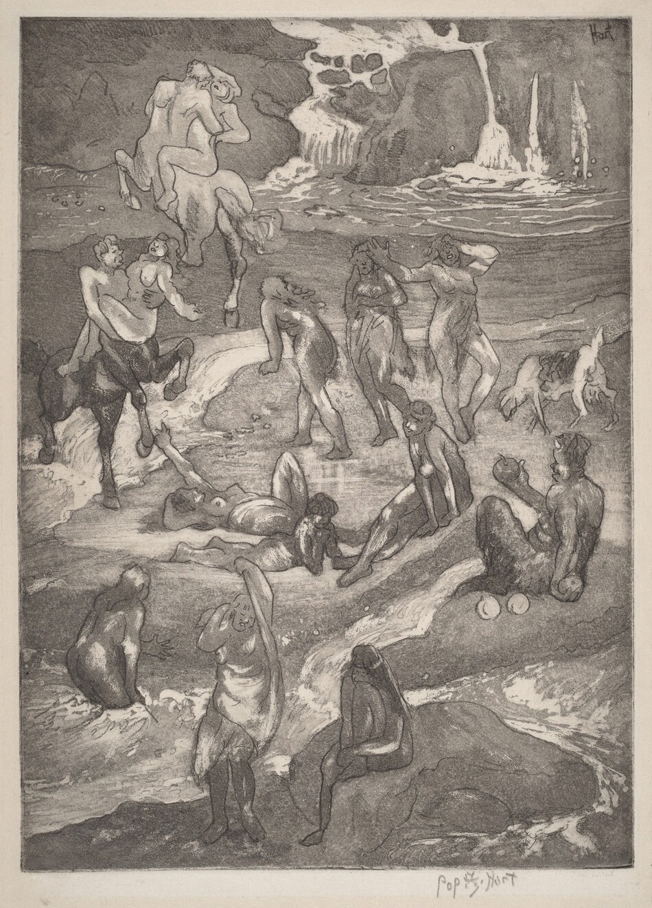 This is a drawing of mythological beings in a rocky landscape with waterfalls. The drawing depicts an array of figures in a flowing water scene comprising waterfalls, streams, and swirls. Figures include some resembling centaurs and others appearing as human-like figures amidst the landscape elements. Various poses suggest movement and interaction. Water cascades down rocks in the background, while figures are depicted in the foreground. Light, shadow, and fluid lines enhance the mythical and energetic quality of the scene.