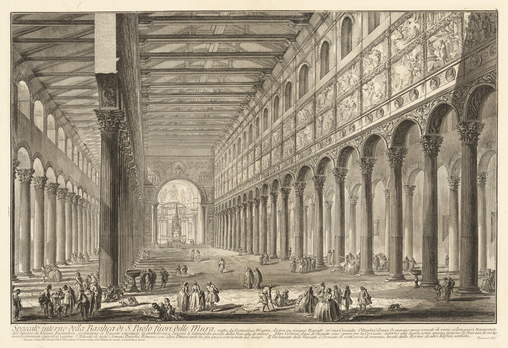 This is a drawing of the interior of a large basilica. It features a series of grand arches and towering columns along the main nave. The ceiling has visible beams, and the far end of the basilica has intricate artworks and statues within an arched apse. The walls are decorated with reliefs and panels. The floor space is open and spacious, with natural light coming in through a row of arched windows along the upper level.