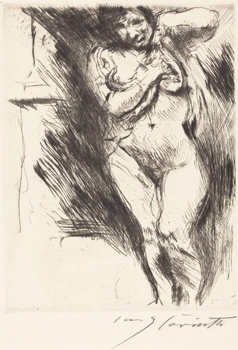 The image is an etching depicting a portion of a person's upper torso and head. The person is reclining with one arm bent upwards and the other crossing the body. The face is sketchily depicted with indications of eyes, a nose, and a mouth, and short, tousled hair. There is no detailed clothing shown. The background consists of abstract lines and shading. In the lower right corner, there is a signature.
