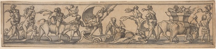 This is a drawing of a mythological procession with fantastical elements. The image features a scene filled with figures engaged in various activities, including individuals riding mythical creatures and conducting a procession with what appears to be a chariot or cart drawn by bovine figures. The figures are dynamically posed, with some figures atop the creatures, and others interacting with the surrounding elements. These mythological creatures add to the drawing's sense of fantasy and drama. The scene is imbued with intricate details, with flowing robes and drapery enhancing the movement within the composition. The figures appear to carry various implements, suggesting a ceremonial or celebratory theme.
