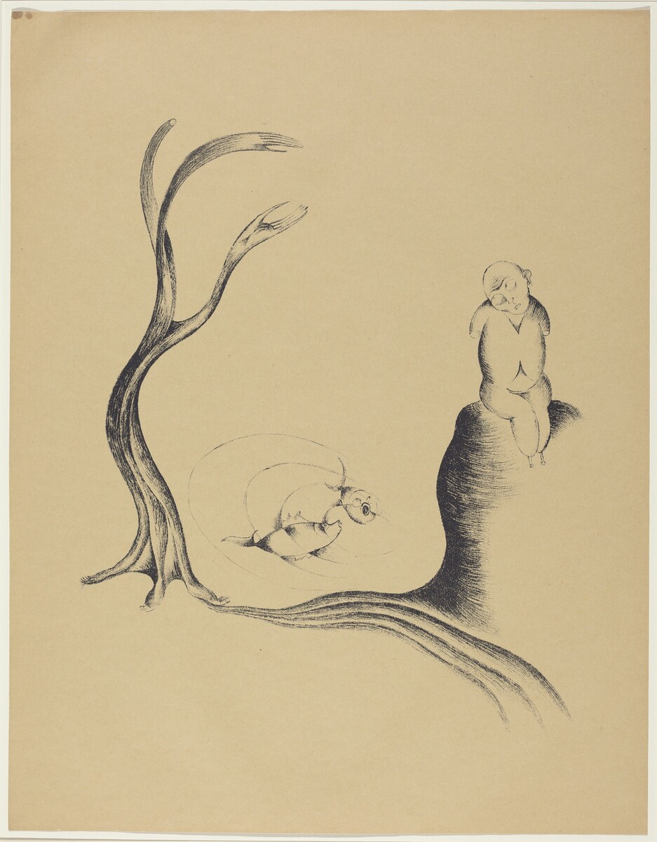 The image displays an abstract wave-like line on the left, with tendrils curving upwards. On the right, there is a figure with a round head and simple body sitting on an abstract formation. In the center, there are abstract forms implying the movement of a fish-like creature. The artwork blends organic and abstract elements, creating a dreamlike landscape with a whimsical twist.