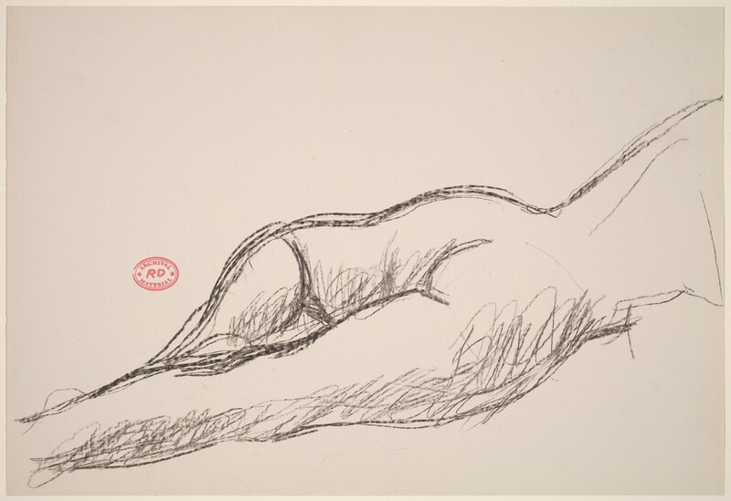 A nude woman lies on her belly, her chest disappearing off the right edge of the peach-tinted paper in this horizontal drawing. We look slightly down on her body as she rests her left foot against the other shin. Her buttocks, straight right leg, and bent left leg are heavily outlined and shading is sketched in. Her torso seems to torque toward us, and single lines capture the profile of her belly and perhaps her right arm and elbow, on which she is propped. At left center an oval, red stamp reads, "ARCHIVAL RD MATERIAL."