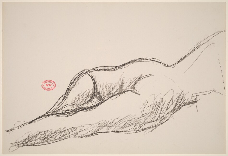 A nude woman lies on her belly, her chest disappearing off the right edge of the peach-tinted paper in this horizontal drawing. We look slightly down on her body as she rests her left foot against the other shin. Her buttocks, straight right leg, and bent left leg are heavily outlined and shading is sketched in. Her torso seems to torque toward us, and single lines capture the profile of her belly and perhaps her right arm and elbow, on which she is propped. At left center an oval, red stamp reads, "ARCHIVAL RD MATERIAL."