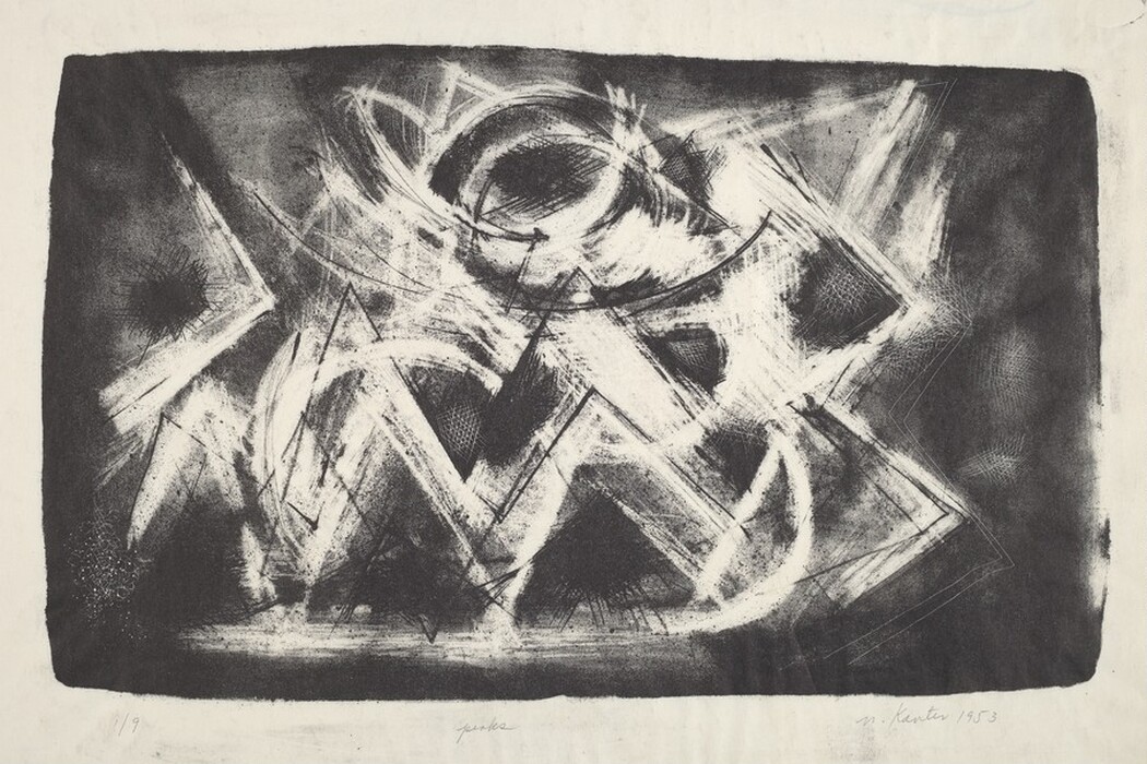 The image shows an abstract composition with bold, angular lines and shapes arranged within a rectangular frame. Overlapping triangular forms, arcs, and fragmented circular shapes intersect and diverge throughout the piece. The shapes resemble shattered glass or a deconstructed structure, evoking imagery of shattered windows or geometric constellations. The artwork uses a high contrast of black and white to emphasize the rough texture and dynamic movement suggested by the layered strokes.
