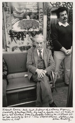 Nicanor Parra Anti-Poet, Professor of Newtonian Physics, University of Santiago Chile, my host a month 1960. We couldn't get a cab downtown from his daughter Catalina on 110 Street N.Y.C. so took subway to N.Y.U. -- here stopped between stations, September 5, 1984., Allen Ginsberg, 1984