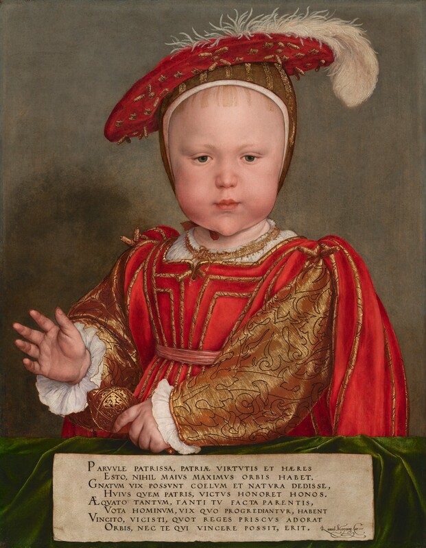 Shown from the waist up, a pale-skinned, round-cheeked young boy wears a brocade red and gold garment and hat in this vertical portrait painting. The boy’s body is angled to our left, but he turns his face toward us as he looks slightly down with gray eyes. He has a square face with a high forehead, faint brows, a small, rounded nose, bow-shaped pink lips, and a pointed chin. A fringe of pale blond hair lines the top of his head under a gold cap that ties under his chin. A white feather drops off the edge of a red disk around the top of the hat. His brilliant red garment is lined with gold bands, and the sleeves split over voluminous gold sleeves, which are lined with white ruffles at the wrists. The boy is behind a ledge draped with a crinkled, emerald-green cloth. He rests one hand on the ledge and holds a gold orb on a stick in that hand. His other hand hovers over the ledge with the palm facing out. The background is late gray. A strip of paper affixed to the front face of the ledge has eight lines of Latin text in all caps. It reads, “PARVVLE PATRISSA, PATRIÆ VIRTVTIS ET HÆRES ESTO, NIHIL MAIVS MAXIMVS ORBIS HABET. GNATVM VIX POSSVNT COELVM ET NATVRA DEDISSE, HVIVS QVEM PATRIS, VICTVS HONORET HONOS. ÆQVATO TANTVM, TANTI TV FACTA PARENTIS, VOTA HOMINVM, VIX QVO PROGREDIANTVR, HABENT VINCITO, VICISTI. QVOT REGES PRISCVS ADORAT ORBIS, NEC TE QVI VINCERE POSSIT, ERIT. Ricard: Morysini. Car:”
