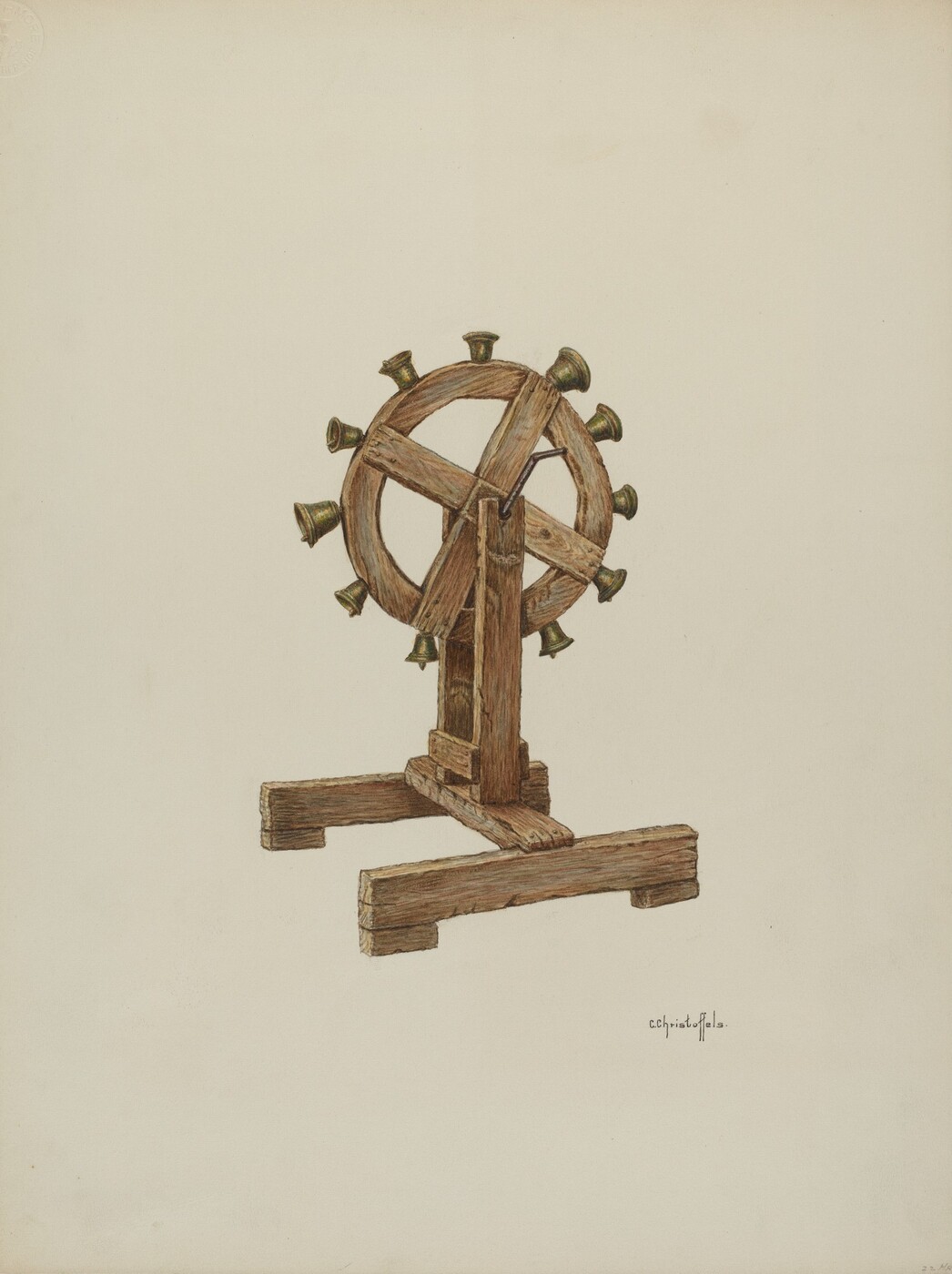 The image displays a wooden wheel with a metal framework and small bell-like objects attached to its perimeter, mounted on a wooden stand. The color palette consists of mostly brown, beige, and metallic gray tones. The object is centered against a light-colored background, with a signature located below and slightly to the right of the wheel's base.