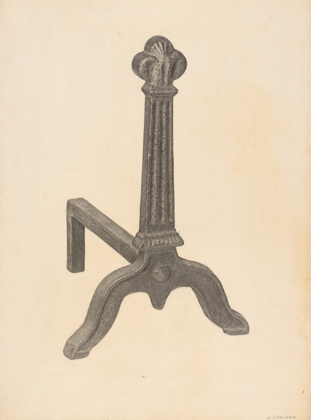 The image shows a large, intricately designed andiron with a fleur-de-lis at the top and ribbed detailing down the center. The color palette consists of shades of gray and black, with the object against a light background. The andiron is positioned centrally and slightly to the left, with its base extending forward and its long leg stretching towards the back.