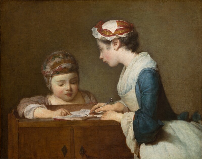 An older girl and a younger child, both with pale skin, bend toward each other as they look at a book spread open on a wooden cupboard in this nearly square painting. Shown from the hips up to our right, the girl leans over the cupboard with her body facing our left in profile. She looks at the child peering over the low ledge at the back of the cupboard with her head tilted slightly in that direction. The older girl has a straight, delicate nose, her smooth cheeks are flushed, and her rosy-red lips are pursed. Her brown hair is tucked under a bright white, ruffled cap encircled with a gold and cranberry-red ribbon. The long sleeves of the muted sapphire-blue dress seem to have been rolled back along the forearms to reveal cascading, white cuffs. A translucent white neckerchief, like a short, full scarf, is tucked into an ivory-white apron that also covers the flaring skirt. With both hands on the open book, she points to one page with a metal pointer like a knitting needle. Facing us, the smaller child looks at the book from behind the wood cupboard, eyes downcast, resting one forearm on the surface and pointing to a detail in the book. The child has delicate brows, a short, wide nose, and full raspberry-red lips are closed. The padded cap the child wears covers the ears and is loosely painted with a pattern of honey brown, silvery white, and slate blue. The nutmeg-brown sleeves are pushed back along the forearm and there are white cuffs or sleeves beneath. The cupboard has two diamond-shaped, iron-gray metal pulls in front. Light illuminating the pair from our left creates a greenish glow on the tawny-brown background behind them.