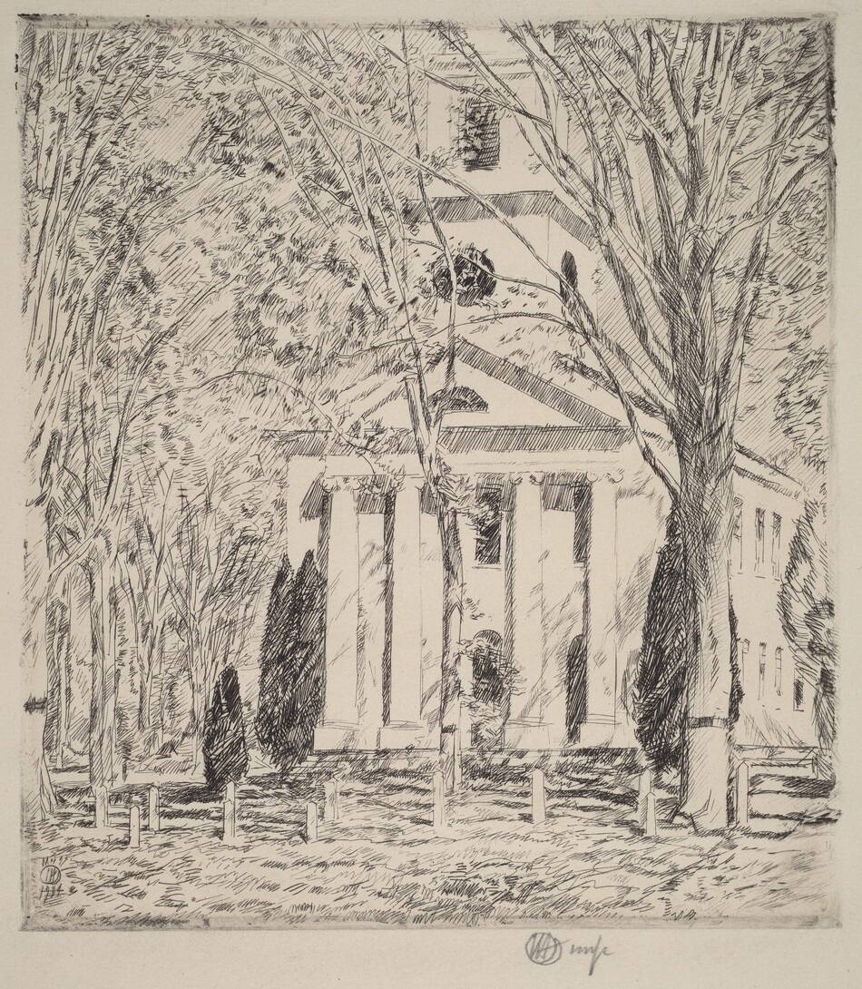 This is a drawing of a building with large columns beyond a grassy field. The structure has a pediment supported by several pillars. Trees are positioned around the building, both close to us and extending into the distance, with foliage sketched using a mix of dense and sparse strokes. The color palette is monochrome, using shades of black, white, and gray with linework and shading.