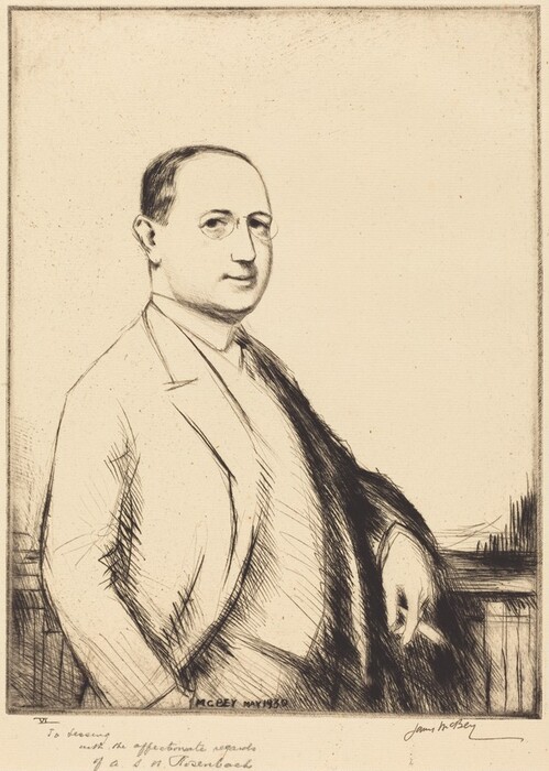 The image depicts an upper-body portrait of a man. He is standing, leaning slightly to the right with his right arm resting on a surface. The man has a round face, smooth features, and is wearing glasses. His hair is short and neatly combed. He is dressed in a formal suit, consisting of a jacket over a shirt. The background is plain with subtle sketch lines indicating the man's arm is on a surface, possibly a desk or railing. There are no other objects present in the background. The artwork is monochromatic with visible sketch lines and shading, giving it a classic, vintage appearance.