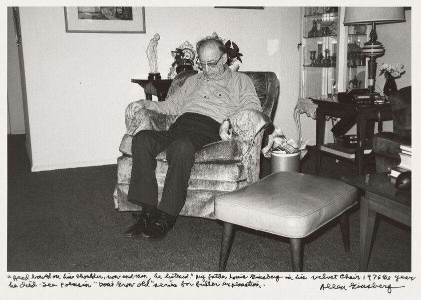 "Head bowed on his shoulder, now and then, he listened."  My father Louis Ginsberg in his velvet chair 1976 the year he died.  See poems in "Don't Grow Old" series for further explanation.
