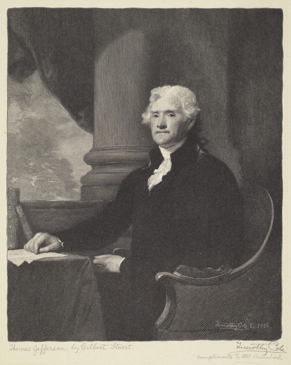 The image shows the upper body of a man seated at a table. He is facing toward the viewer's left with a calm expression. He has white hair styled in soft curls, and he is wearing a dark coat with a white cravat around his neck. The man holds a quill pen in his right hand over a piece of paper, with his left hand resting on his knee. In the background, there is a large cylindrical column and a draped curtain. The scene is monochromatic and finely detailed.