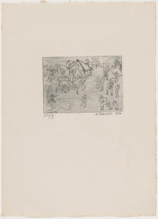 The image is a bird's-eye view sketch depicting a village scene. The main structures are surrounded by human figures and animals. The sketch shows fine lines and detailed strokes capturing movement and activity. It is monochrome with shades of gray and black. Close to the viewer, various figures and animals are engaged in interactions, including villagers managing two horses. The village setting is rural with people engaging in daily activities, with visible roofs and chimneys in the distance.