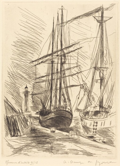 The image shows a harbor with ships in the water. The tall masts and rigging of the ships obscure the horizon. In the center are the ships, and to the left is a lighthouse on a pier. The scene is depicted using fine linework with cross-hatching and linear strokes for texture and shadow. The color palette is monochromatic with a sepia tone. The ships' bows are intricately detailed, drawing the viewer's attention. In the distance is the lighthouse, adding balance and depth to the composition.