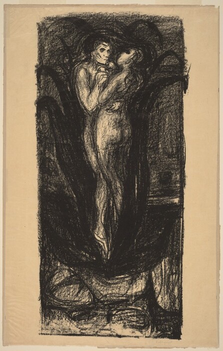 The image shows swirling and curving lines creating an abstract representation of two intertwined figures. Dark, sweeping strokes form an envelope-like shape around the figures. The central forms suggest two humanoid shapes locked in a close embrace with their details shown through bold lines. The composition evokes familiar forms resembling a protective, natural cocoon or a blooming flower around the figures.