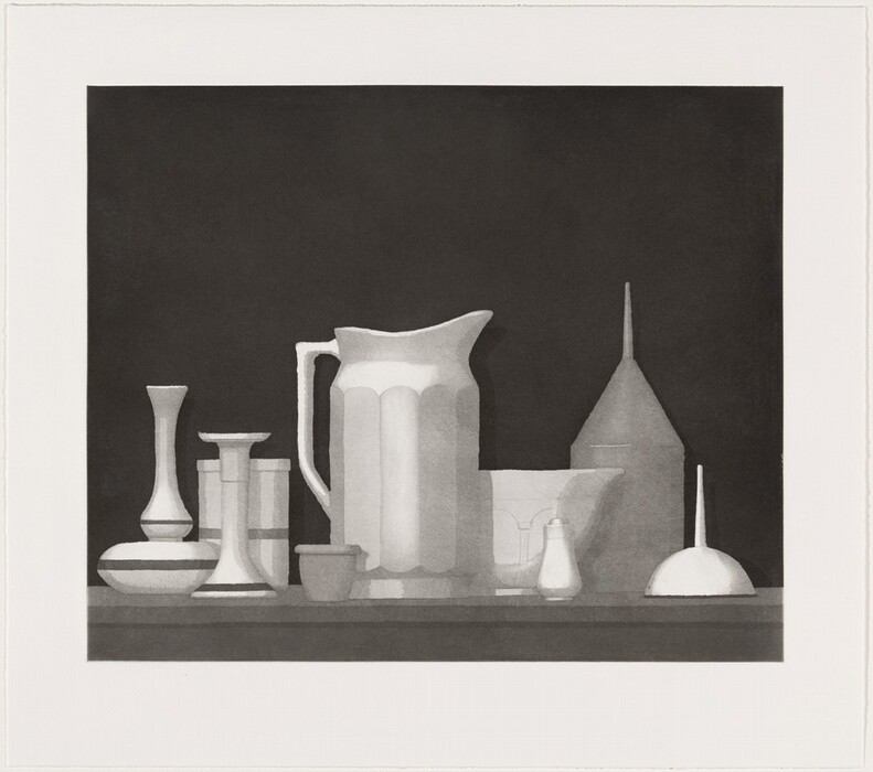 The image displays a large jug at the center, surrounded by various vessels such as a tall vase, a cylindrical container, and a conical object. The color palette consists of shades of gray against a dark background. On the left, there are a tall vase and a small rounded container near the jug. On the right, there are smaller containers and a funnel-like object with a spout arranged in a row across the lower part of the composition.
