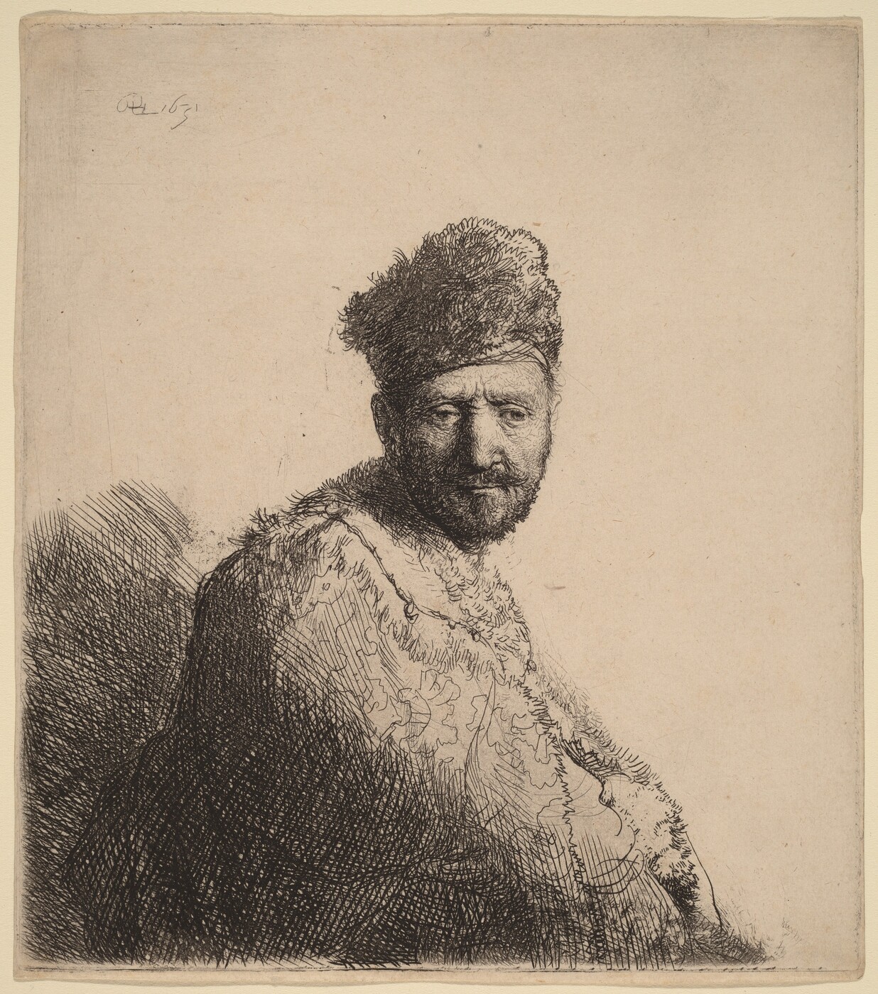The image shows the upper half of a man's body. His shoulders are turned slightly to the side while his face is directed towards the viewer. The man has a beard and a stern expression. He is wearing a large, furry hat that covers the top of his head, with his hair visible around his temples. He is dressed in clothing with a fur-lined collar. The background is plain, focusing on the subject. The artwork is in monochrome, featuring shading and cross-hatching for texture.