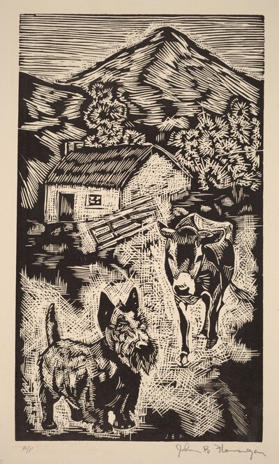 Untitled (Scottie and Cow Near Cottage in Hilly Landscape, Ireland)