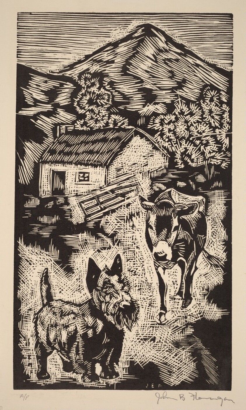 Untitled (Scottie and Cow Near Cottage in Hilly Landscape, Ireland)