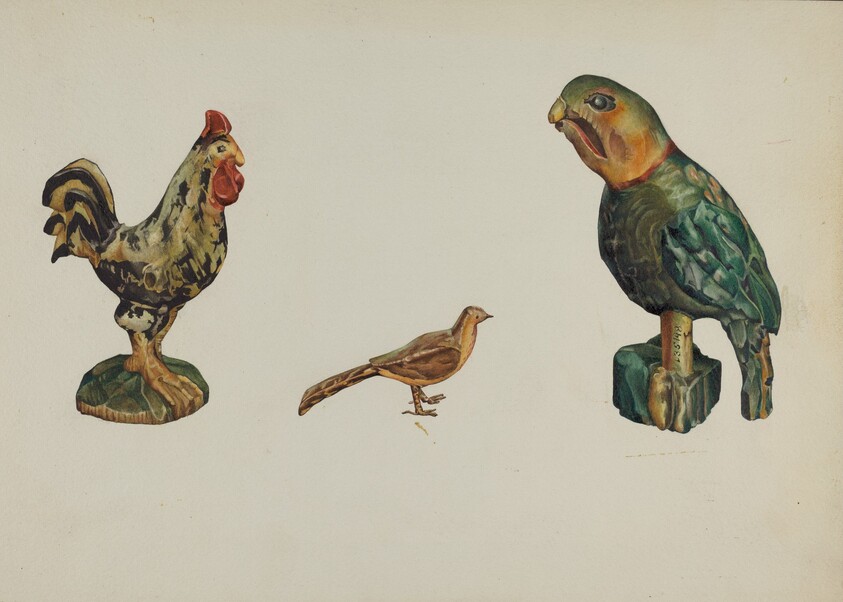 Wooden Rooster, Pheasant, and Parrot