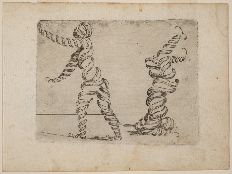 The image shows swirling, spiral shapes on a flat plane. The shapes resemble twisted cords or ropes. There is a resemblance to a human figure and an animal. The arrangement suggests movement and life, reminiscent of figures caught mid-action or dance.