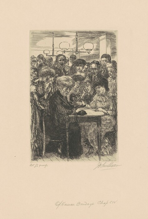 This is a drawing of a group of people gathered around a table. The drawing displays several individuals closely positioned around a central table. The figures are engaged in what appears to be a discussion. The room is depicted with overhead light fixtures, indicating an indoor setting. Detailed cross-hatching and line work give depth and texture to the clothing and expressions of the individuals.