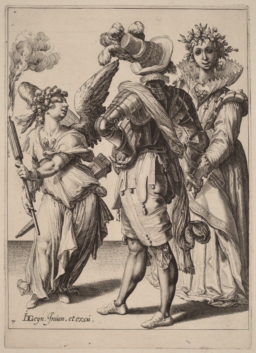 A Blindfolded Cupid Holding a Torch Before a Couple