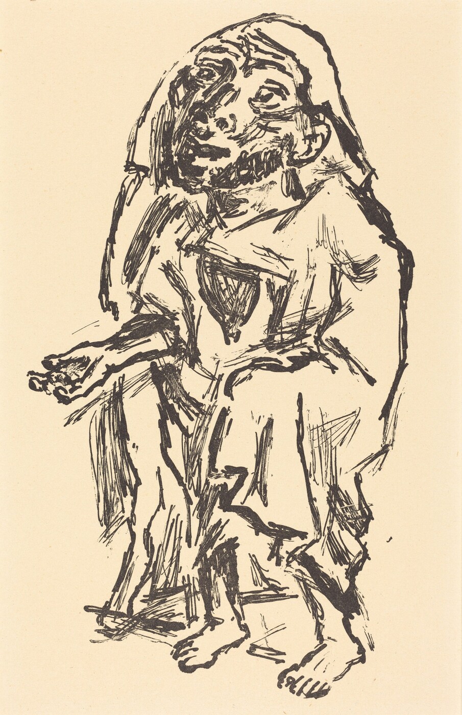 The image shows a sketch of an entire human figure seated in a squatting position. The figure's head is tilted slightly backward with exaggerated features, displaying pronounced eyes, a large nose, and full lips. The hair is short and close to the scalp. The person is depicted wearing loose-fitting, flowing garments that cover most of the figure except for the bare feet. The figure's left hand is extended outward, palm up, while the right hand rests on the knee. The drawing is monochrome, using bold black lines against a plain cream-colored background.