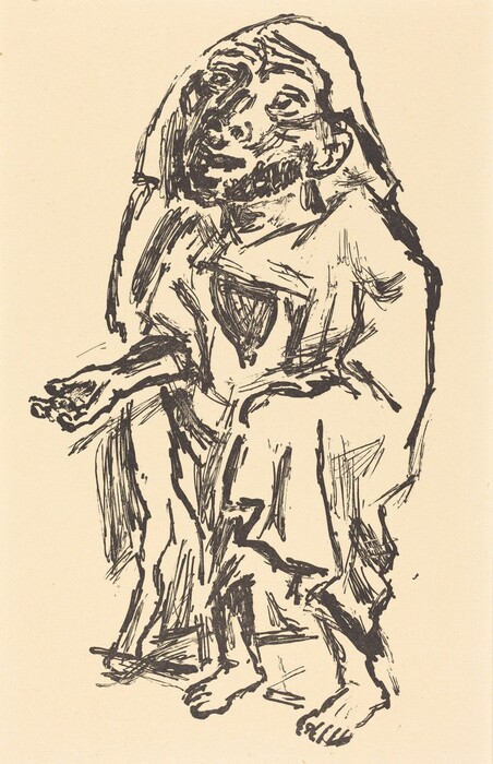 The image shows a sketch of an entire human figure seated in a squatting position. The figure's head is tilted slightly backward with exaggerated features, displaying pronounced eyes, a large nose, and full lips. The hair is short and close to the scalp. The person is depicted wearing loose-fitting, flowing garments that cover most of the figure except for the bare feet. The figure's left hand is extended outward, palm up, while the right hand rests on the knee. The drawing is monochrome, using bold black lines against a plain cream-colored background.