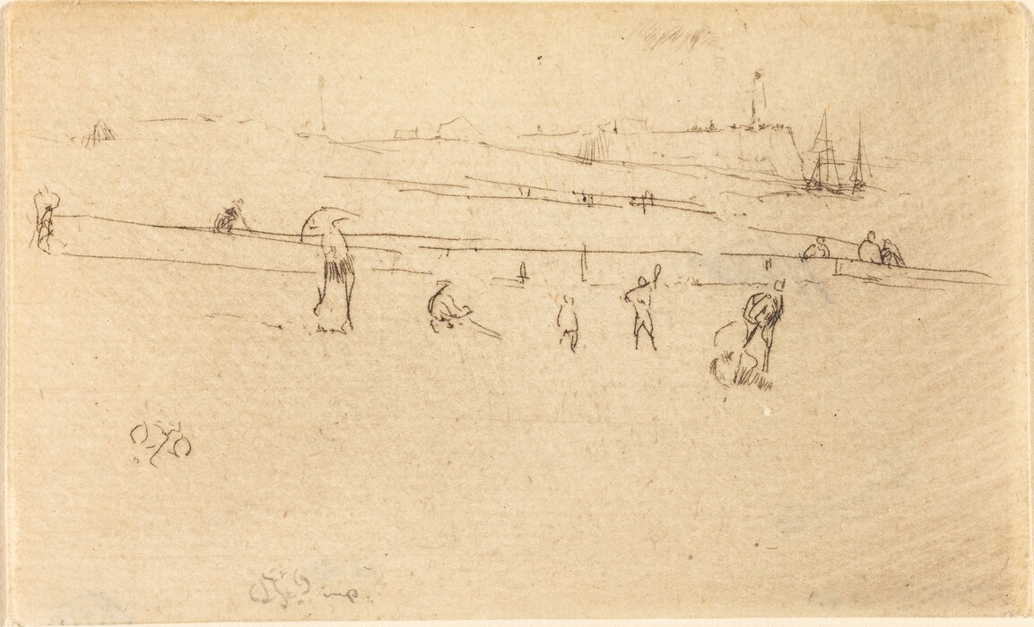 The image is a sketch of a landscape with figures throughout. The horizon shows outlines of a bluff and buildings. The sketch uses light pencil lines on warm, sepia paper. Various figures are depicted in the foreground and background, along with some ships. The drawing has a calm atmosphere with minimal detailing.