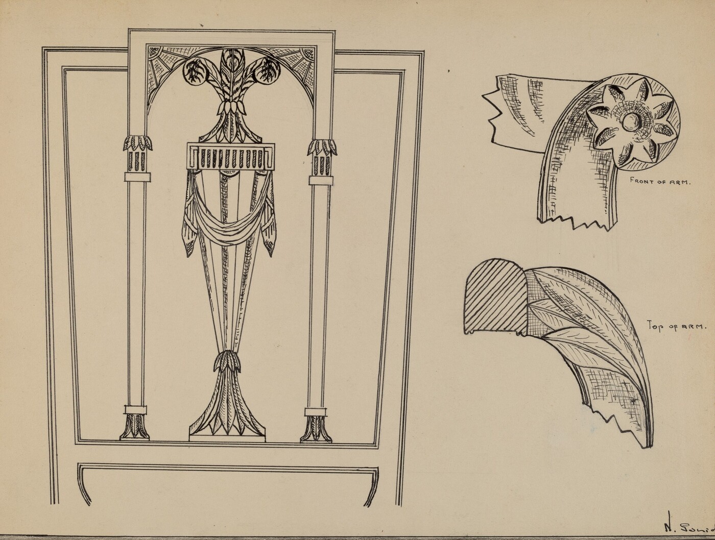 This is a drawing of ornamental designs intended for furniture or architectural elements. The central part of the composition features a symmetrical, elongated design with decorative elements such as drapery, a stylized plant or feather motif at the top, and a base resembling a pedestal with ornamental fluting or leaf-like structures. To the right, there are two separate sketches, one labeled "Front of Arm" and the other "Top of Arm," depicting parts of a possible furniture armrest. The "Front of Arm" sketch shows a circular floral motif, while the "Top of Arm" sketch displays a curved, leaf-like design. The drawing's precise linear style suggests an emphasis on delicate detail and structure, typical of design drafts.