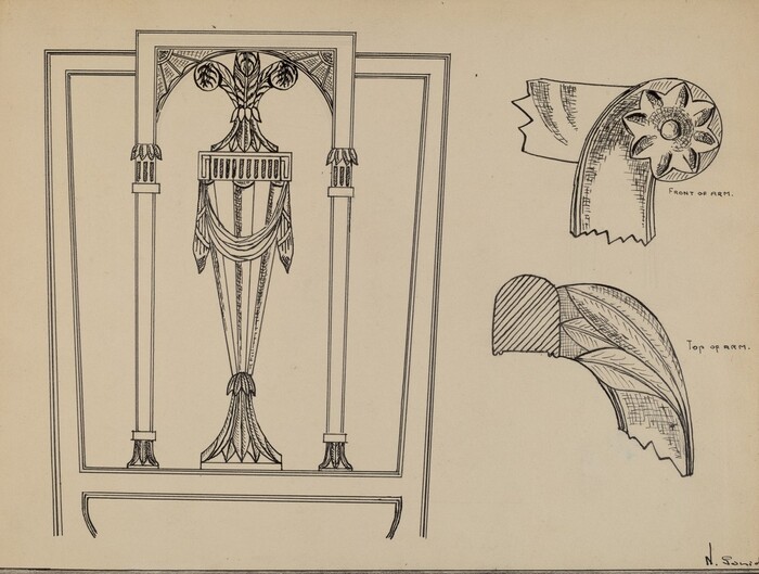This is a drawing of ornamental designs intended for furniture or architectural elements. The central part of the composition features a symmetrical, elongated design with decorative elements such as drapery, a stylized plant or feather motif at the top, and a base resembling a pedestal with ornamental fluting or leaf-like structures. To the right, there are two separate sketches, one labeled "Front of Arm" and the other "Top of Arm," depicting parts of a possible furniture armrest. The "Front of Arm" sketch shows a circular floral motif, while the "Top of Arm" sketch displays a curved, leaf-like design. The drawing's precise linear style suggests an emphasis on delicate detail and structure, typical of design drafts.