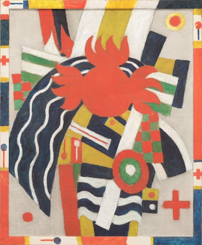 Layered circles and dots, crosses, checkered patterns, curved and wavy lines, and other geometric shapes in tomato red, shamrock green, buttercup yellow, royal blue, black, and bright white float against a field of unpainted canvas in this vertical, abstract painting. The shapes are most densely packed at the center of the composition. The eye is drawn to a red circle with flame-like forms at the sides and top, about three-quarters of the way up the canvas. Immediately underneath it and arcing out to our left is navy-blue band with three white, wavy lines. Other patterns to either side of the central red shape include two flag-like squares of alternating green and white stripes near two other patches containing a red and green checkered pattern. Other areas are patterned in black and yellow stripes, and blue and white stripes. Dots, lines, and lollipop-like shapes are scattered sparsely through the rest of the composition. Three shapes float near three of the corners, not touching anything in the layered, central portion: a red circle within a yellow ring at the upper right; a red dot at the lower left; and a red cross at the lower right. The frame was painted by the artist in the same colors as the canvas, with bands of color separating dots, crosses, and the lollipop-like form.