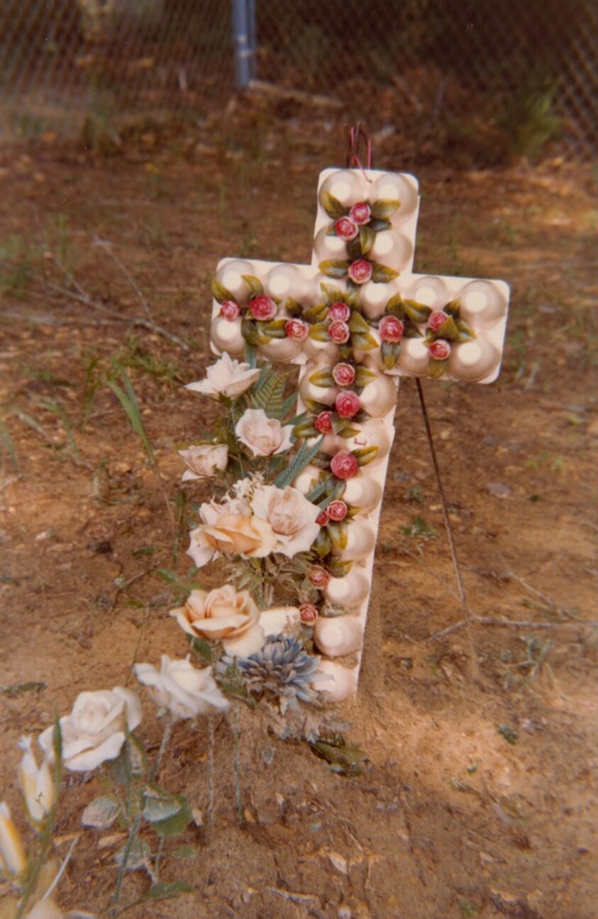 Grave with egg carton cross, Hale county, Alabama