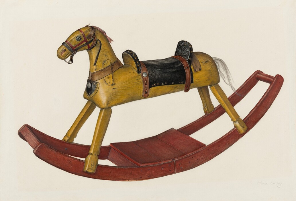 The image displays a wooden rocking horse at the center of the frame against a plain background. The rocking horse is primarily yellow with brown and black details, standing on a red base. The horse's head is turned to the left, with its mane and tail flowing behind. The color scheme includes warm natural wood tones and a bright red base for contrast.