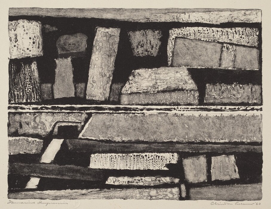 The image contains rectangular and irregular shapes layered on top of each other, creating depth and texture. This abstract composition features lines and forms resembling stacked stones or bricks in a loosely organized manner. The shapes have varying textures like wood grain or rough concrete, offering a tactile visual experience. The arrangement suggests architectural elements, reminiscent of a fragmented wall or ancient ruin.