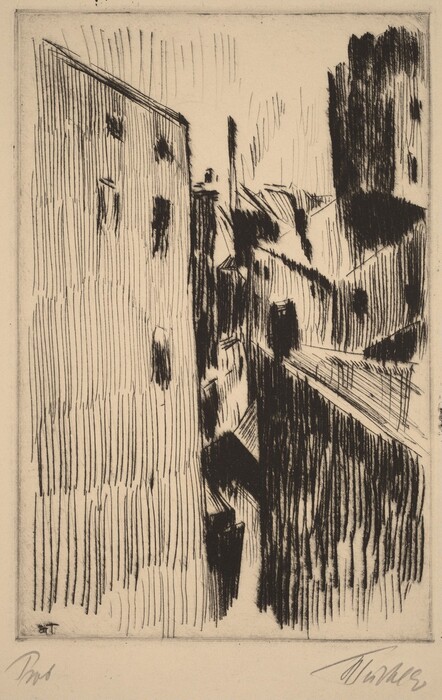 The image displays an intricate array of vertical and diagonal lines forming an abstract depiction of a narrow street or alleyway with towering structures on either side. The lines convey the texture and form of buildings, with vertical strokes indicating walls or facades and diagonal and curved lines suggesting rooftops and shadows. The composition creates depth and perspective akin to an urban canyon or clustered cityscape, connecting architectural forms with light and space.