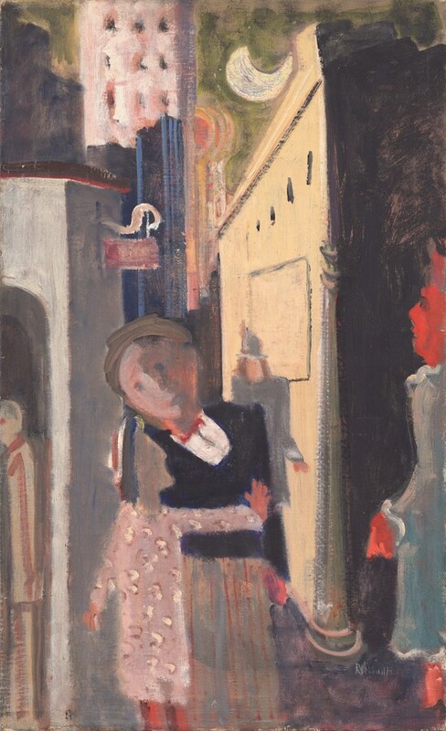 Abstracted people and buildings nearly fill this vertical painting around a sky painted moss green with a white crescent moon. Two people at the bottom center of the composition have peach- and gray-toned skin. One appears to wear a narrowly brimmed hat, a black coat over a white shirt and red bowtie, and brown pants striped with red. A second smaller person stands in front of the first, wearing a blue, white, and red striped hat and a pale pink, shin-length dress dotted with white. Their hands and the second person’s legs are painted tomato red. A person with all-over, red-colored skin wears a muted blue, long-sleeved dress stands along the right edge of the painting. A tan-colored form under an archway in a smoke-gray building to the left could be another person, and a fifth person with peach-colored skin walks toward us on the plum-purple street a short distance behind the front pair. A building with a straw-yellow façade facing the street and black side facing us is to the right. More structures painted in tones of navy and ultramarine blue, shell-pink, white, and charcoal gray rise against the green-toned sky. The artist signed the painting near the lower right corner, “Rothkowitz.”