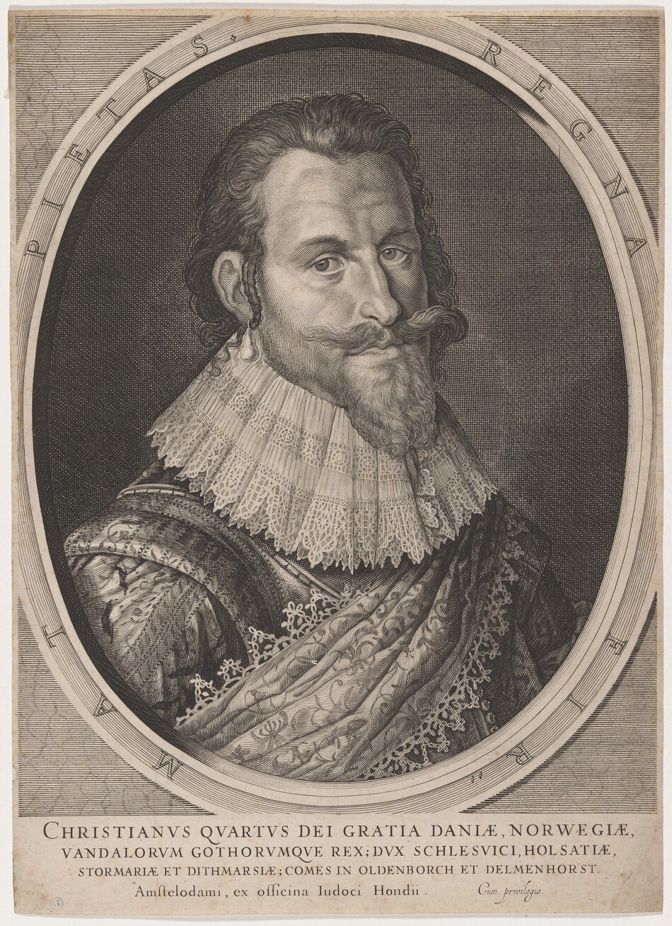 The image displays a man's upper body and head, facing slightly to the left. His facial features are detailed, with a noticeable mustache and beard. He has dark, curly hair styled away from his face. The man is dressed in ornate Renaissance attire, including a high lace collar, a detailed cloak on his armored shoulder, and earrings. The background is plain, encircled by an oval border with the text "PIETAS REGNA." An inscription beneath the portrait provides information about the man's title and lineage.