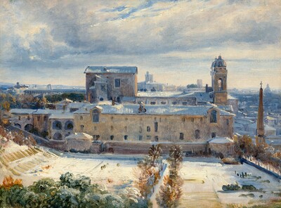 “Santa Trinità dei Monti in the Snow”. From a high vantage point, we look across a snow-covered expanse at the long side of a pale, parchment-colored building with a town beyond in this horizontal landscape view.