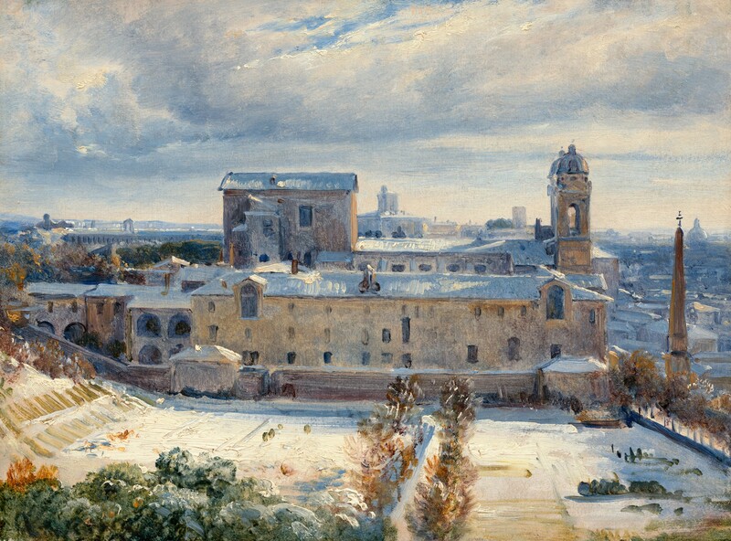 From a high vantage point, we look across a snow-covered expanse at the long side of a pale, parchment-colored building with a town beyond in this horizontal landscape view. The scene is painted loosely and mostly in tones of icy blue, cream white, golden tan, and brown. Closest to us but far below, a hedge of moss-green treetops lines the sun-drenched, ivory-white field. The field slopes up to our left and a path, between two rows of cinnamon-brown trees, leads from the bottom center of the painting to the building. Four stories of mostly rectangular windows pierce the wall of the building in front of us. Shadows on the snow-covered roof are painted with thick strokes of steel blue. On the other side of the building, a second long roofline runs parallel to the first. The short side of the building, to our right, has a tower at each corner. A fawn-brown obelisk, which is a tapering, pointed column, is topped with a cross and stands in front of the building façade. Stacked and overlapping rooflines, painted broadly in azure blue and silvery gray, fade toward the distant horizon, which comes halfway up the canvas. A blanket of white clouds with arctic-blue bottoms sweep across the sky, revealing only a few small patches of vivid blue sky beyond.