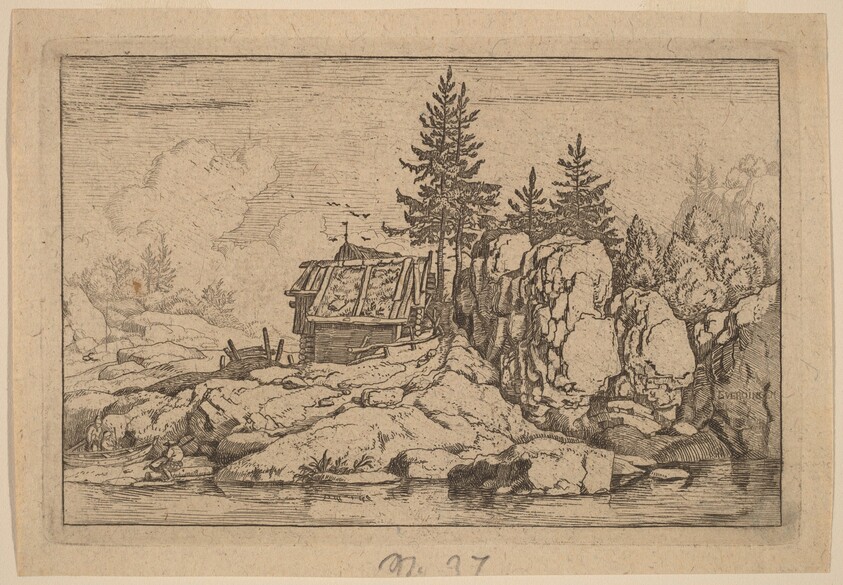 Two Fir Trees near Cottages