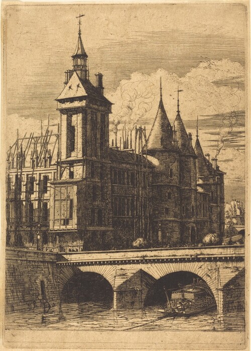 The image depicts an architectural scene with a grand building featuring towers and steep rooftops. The viewpoint is slightly elevated, highlighting the structures. Additional architectural elements are visible in the background against a cloudy sky with smoke. The artwork is created using an etching technique with fine lines detailing the building's shadows and textures. The monochrome color palette uses sepia tones, typical of etched prints. In the foreground, a bridge with rounded arches spans a body of water, with a boat passing underneath.