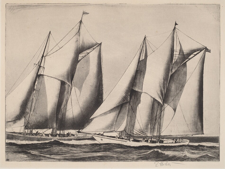 The image shows two large sailboats racing side by side on the sea. The horizon is visible above the boats. The brushstrokes are smooth and detailed, emphasizing the texture of the sails and the movement of the boats. The color palette is monochromatic, primarily using shades of black, white, and gray. Light and shadow across the sails provide depth and motion to the scene.