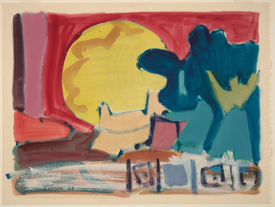 The painting features a large, circular, yellow shape at the center, surrounded by broad strokes of red and dark teal blue. To the right are dark, irregular teal forms, while below are various colored brushstrokes creating horizontal patterns, along with rectilinear forms suggesting buildings or structures.