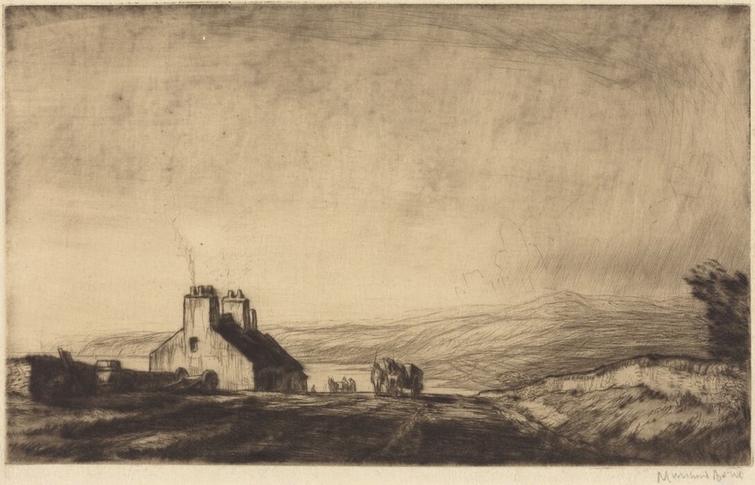 The image shows a landscape from a slightly elevated perspective, with hills or mountains in the distance. On the horizon, simple buildings with visible chimneys emit smoke. The artwork uses delicate lines to create a hazy effect, with a monochromatic color palette of sepia and brown tones. Closest to the viewer are figures and a cart on textured ground, adding a human element to the scene.