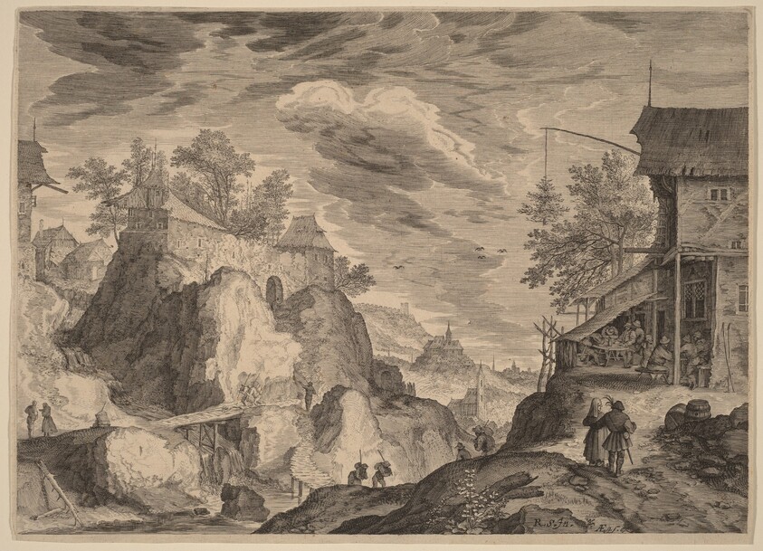Landscape with an Inn to the Right and House on Rocks to the Left