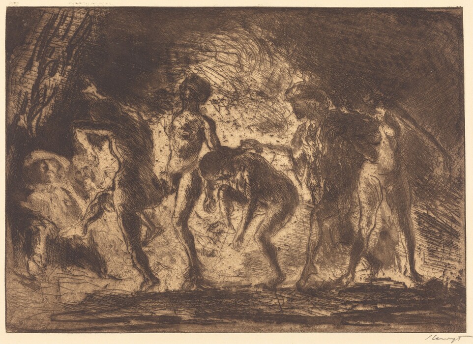This print displays swirling lines and shapes creating an abstract composition. The lines converge and diverge to form outlines resembling abstract human figures engaged in dynamic motion. The central people are bent and twisted, suggesting movement akin to dancers or people in a lively gathering. Behind them seems to be a large light source, as if they are dancing in front of a bonfire, creating patterns of light and dark lines in the background.