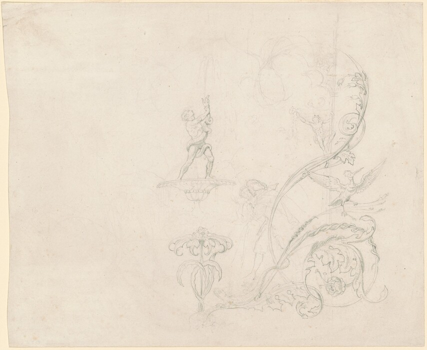 The image shows intricate swirling lines and ornate curves creating an abstract design. The shapes resemble feathers and leaves, forming a pattern. In the center, a small figure stands on a pedestal reaching upwards, while a bird-like creature perches nearby with outstretched wings. These elements evoke classical decorative motifs seen in artistic manuscripts or architectural embellishments.